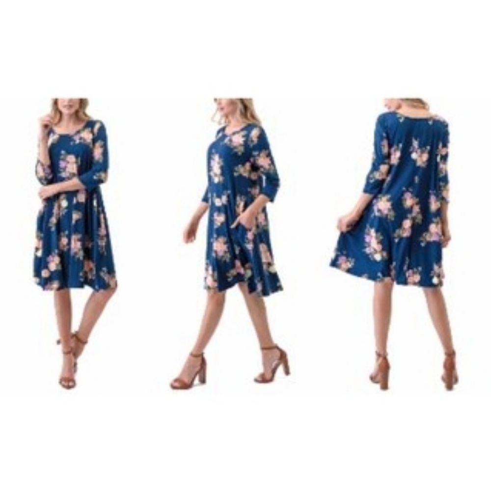 New navy blue floral print flowy dress nwt pockets
